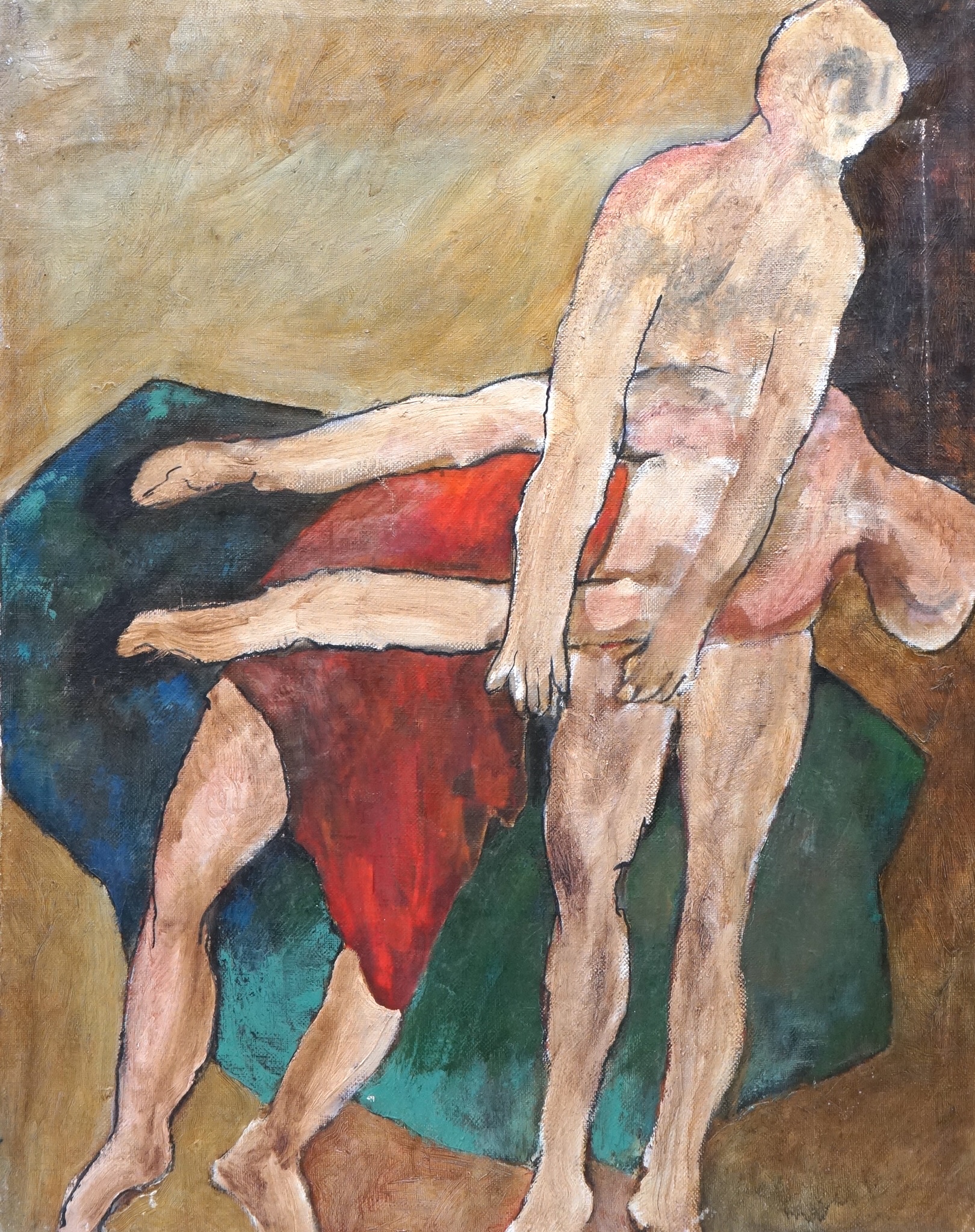 Modern British, abstract oil on canvas, Study of two figures, unsigned, 82 x 66cm, unframed